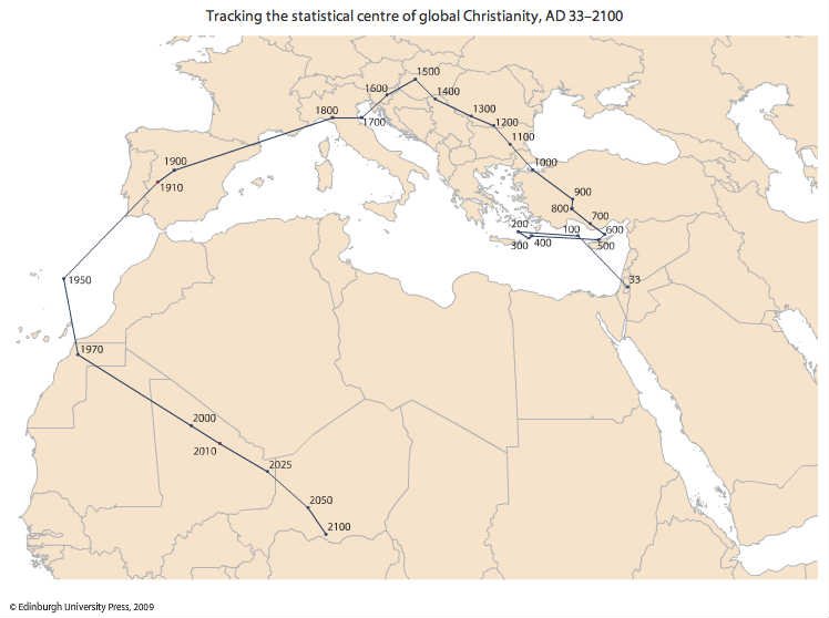 Tracking the statistical centre of global christianity A.D. 33 - 2100